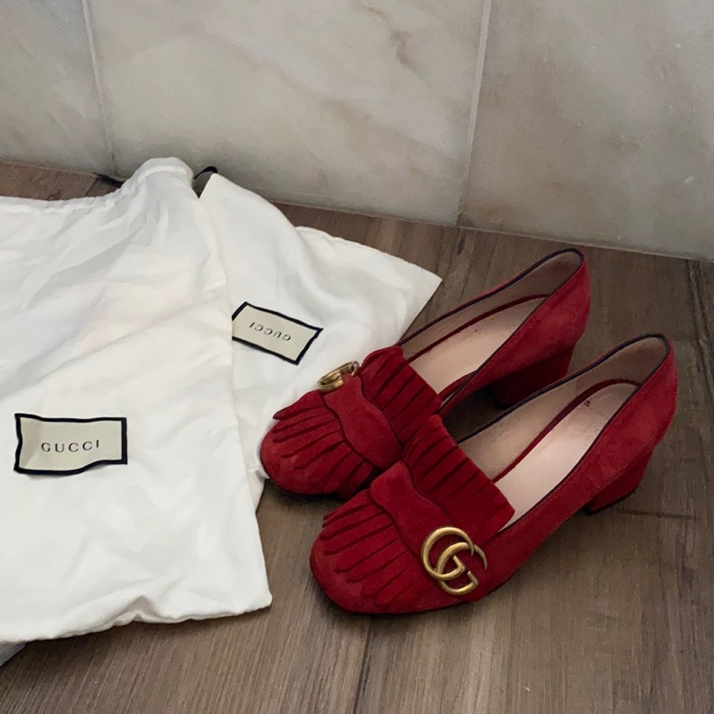 Gucci red suede marmont block mid heel loafers 36 - Picture 1 of 7